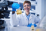 Science, test tube and black woman in laboratory with smile for research, medical study and experiment. Healthcare, biotechnology and female scientist with liquid vial, medicine and vaccine analysis