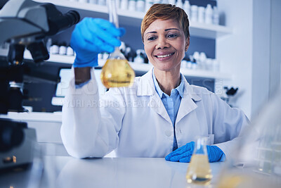 Buy stock photo Science, beaker and black woman in laboratory with smile for research, medical study and experiment. Healthcare, biotechnology and female scientist with liquid, medicine and vaccine development