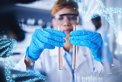 Buy stock photo Genetics hologram, science test tube and black woman in laboratory for research, medical study and experiment. Healthcare, pharmaceutical and hands of scientist with liquid, medicine and dna strand