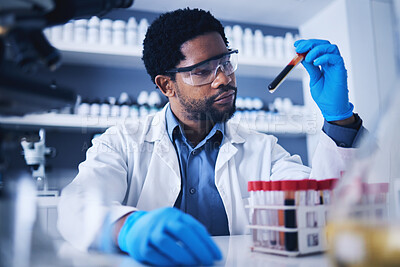 Buy stock photo Science, blood and black man in laboratory with sample for research, medical exam and investigation. Healthcare, pharmaceutical and male scientist with test tube for dna study, cure and rna analysis