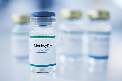 Buy stock photo Monkeypox vaccine, backgrounds and medicine vial for protection, safety and healthcare risk. Closeup, liquid bottle and virus immunity of medical drugs, wellness and pharmaceutical science research