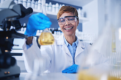 Buy stock photo Science, liquid and black woman in laboratory with smile for research, medical study and experiment. Healthcare, pharmaceutical and female scientist with glass beaker for sample, medicine and vaccine