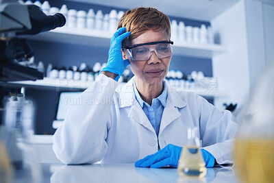 Buy stock photo Science, thinking and black woman in laboratory liquid for research, medical study and experiment. Healthcare, pharmaceutical and female scientist with beaker for sample, medicine and vaccine fail