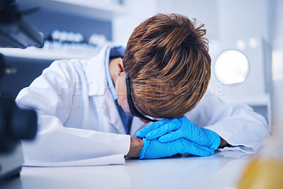 Buy stock photo Depression or black woman scientist with stress for medical crisis, medicine research fail error in lab. Sad, tired or frustrated nurse for healthcare anxiety, work burnout or mental health