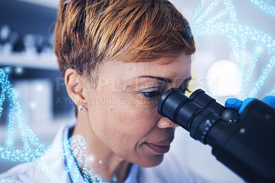 Buy stock photo Science, dna research and black woman with microscope and double helix overlay in laboratory. Medical innovation, senior scientist or researcher for healthcare, medicine and vaccine testing in lab.