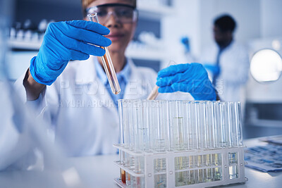 Buy stock photo Science, test tube in hands and black woman in laboratory for research, medical study and experiment. Healthcare, pharmaceutical and female scientist with liquid vial, medicine and vaccine in clinic