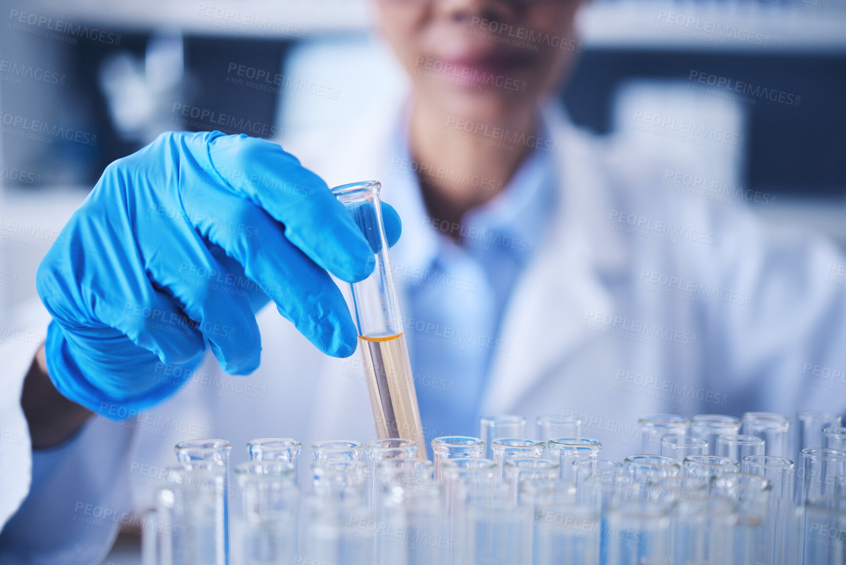 Buy stock photo Science, research and hand with test tube, woman in laboratory with solution for vaccine and medical innovation. Healthcare, lab analytics and medicine, female scientist holding pharmaceutical sample