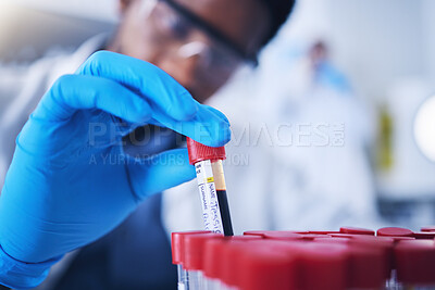 Buy stock photo Science, blood and hands with test tube in laboratory for research, medical exam and sample analysis. Healthcare, pharmaceutical and black man scientist with vial for dna experiment, rna and genetics
