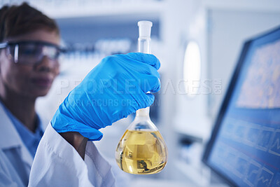 Buy stock photo Science, liquid and beaker in hand of woman in laboratory for research, medical exam and pharmaceutical. Healthcare, biotechnology and scientist with vial for medicine, vaccine development and sample