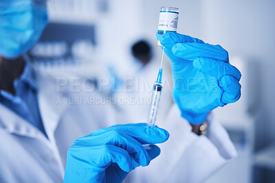 Buy stock photo Vaccine, doctor hands and monkeypox injection for safety, healthcare medicine or pharmaceutical laboratory test. Closeup syringe, hands and liquid bottle of virus risk, medical scientist and research