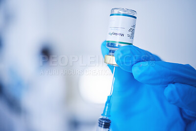 Buy stock photo Injection vial, doctor and monkeypox vaccine of safety, healthcare medicine or pharmaceutical laboratory test. Closeup needle, hands and liquid bottle of virus risk, wellness or medical science drugs