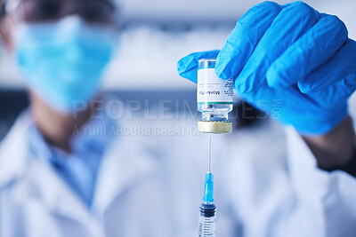 Buy stock photo Vaccine, monkeypox and doctor hands with medicine of safety, healthcare or pharmaceutical laboratory. Closeup injection, vaccination and liquid bottle of virus risk, wellness or medical science drugs