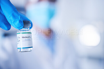 Buy stock photo Monkeypox vaccine, doctor and hands of vial for risk, protection and healthcare medicine. Closeup, liquid bottle and vaccination of virus, medical drugs or mockup in pharmaceutical science laboratory