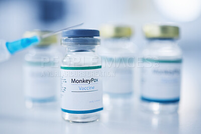 Buy stock photo Monkeypox vaccine, backgrounds and injection vial for medicine, safety and healthcare risk. Closeup, liquid bottle and virus vaccination of medical drugs, wellness and pharmaceutical science research