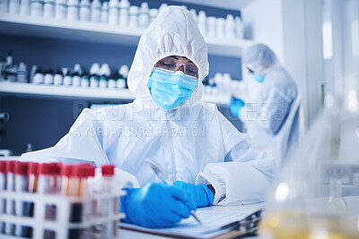 Buy stock photo Science, writing or doctor in laboratory with notebook for research, medical exam or DNA sample analysis. Healthcare, biotechnology or scientist on medicine checklist, covid results or vaccine report
