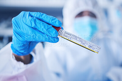 Buy stock photo Hands, test tube and doctor in laboratory with liquid for research, medical exam and sample analysis. Healthcare, biotechnology and nurse scientist thinking with liquid vial, medicine and vaccine