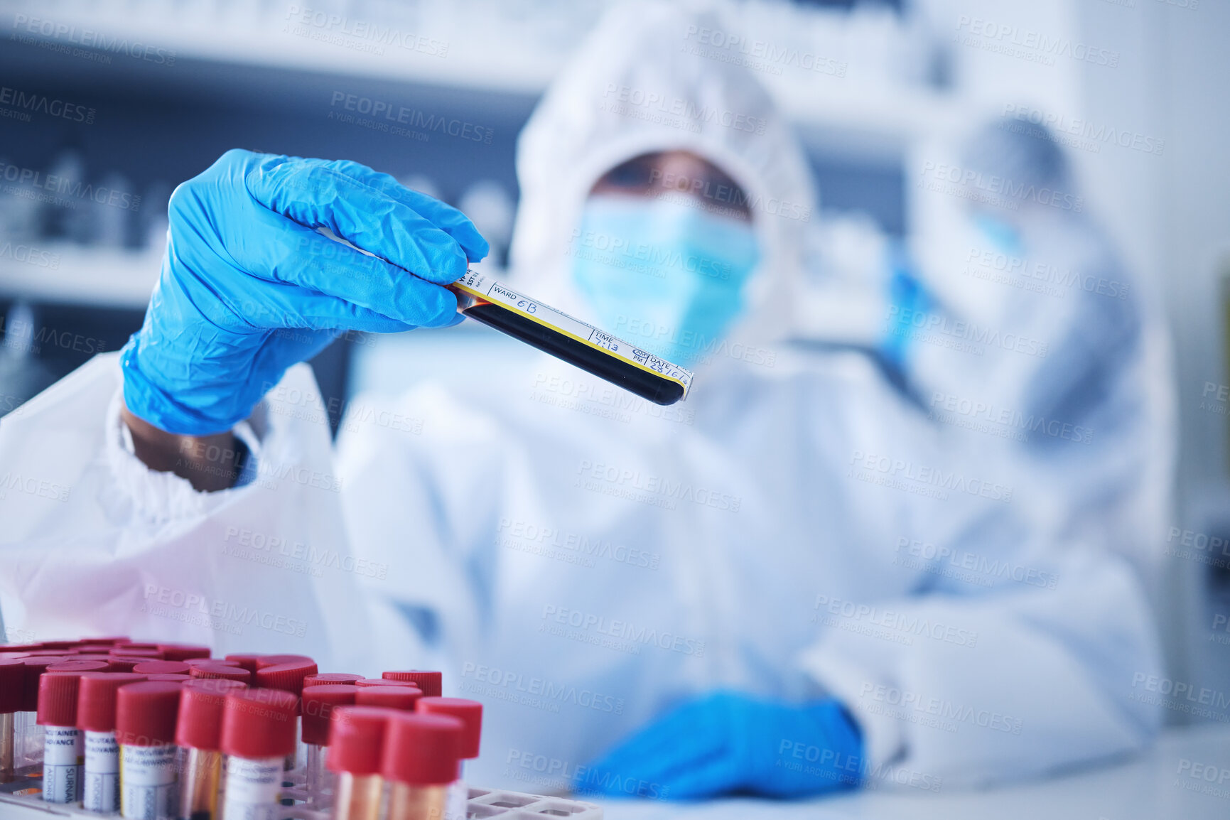 Buy stock photo Science, test tube or doctor in laboratory with blood DNA for research, medical exam and sample analysis. Healthcare, biotechnology or scientist for medicine results study or vaccine report with PPE