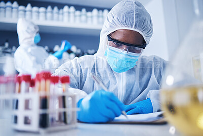 Buy stock photo Black woman doctor writing checklist in laboratory with notebook for research, medical exam and sample analysis. Healthcare, biotechnology or scientist for medicine, dna results or vaccine report