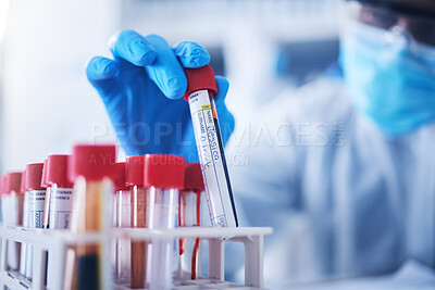 Buy stock photo Hands, test tube or black woman doctor in lab with blood DNA for research, medical exam and sample analysis. Healthcare, biotechnology or scientist thinking with liquid vial, medicine and vaccine