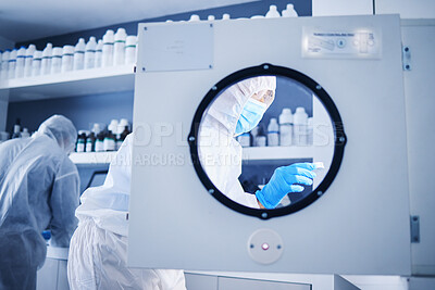 Buy stock photo Science incubator, lab safety gear and biotechnology security for a medical research experiment. Virus analysis, pharmaceutical study and vaccine chemical innovation in laboratory with scientist team