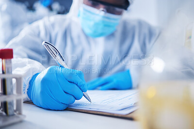 Buy stock photo Checklist, writing or doctor in laboratory with notebook for research, medical exam and sample analysis. Healthcare, biotechnology or scientist for medicine notes, dna results or vaccine report

