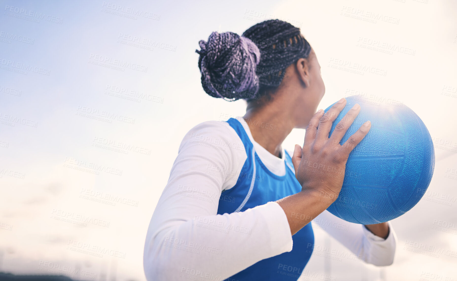Buy stock photo Mockup, netball and black woman training, fitness and exercise for wellness, healthy lifestyle and performance. Sky, African American female player and lady with ball, game and match with competition