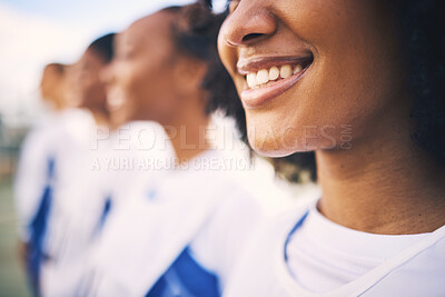 Buy stock photo Sports, netball and row of women with smile ready for training, exercise and practice workout on court. Fitness, teamwork and zoom of happy girl athletes with game motivation for match or competition