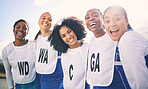 Sports, netball and portrait of women with smile ready for training, exercise and practice workout on court. Fitness, teamwork and happy girl athletes with motivation for game, match and competition