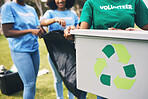 Recycle bin, volunteer group and community park cleaning outdoor for eco friendly and sustainability. Working, recycling and trash collection of young people doing green ecology and charity work