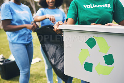 Buy stock photo Recycle bin, volunteer group and community park cleaning outdoor for eco friendly and sustainability. Working, recycling and trash collection of young people doing green ecology and charity work
