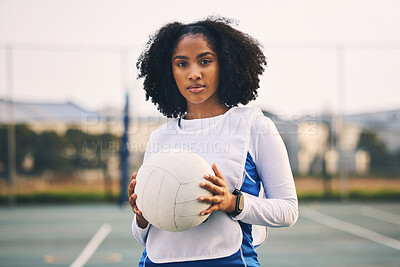 Buy stock photo Sports, netball and portrait of a woman with a ball after a match, exercise or training on the court. Confidence, fitness and female captain athlete standing on field after game, workout or practice.