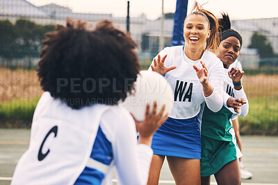 Buy stock photo Netball, sport and women in a match or game being competitive in a competition on a court as teammates. Training, fitness and female athletes happy for high school sports and exercise as a team