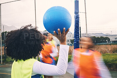 Buy stock photo Sports, fitness and netball match by women at outdoor court for training, workout and practice. Exercise, students and girl team with ball for competition, speed and performance while active at field