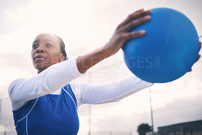 Buy stock photo Fitness, black woman and netball for exercise, training and playing for game, competition and balance. African American female athlete, healthy lady or player with ball, outdoor or practice for match