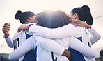 Netball, sport huddle and women with teamwork and motivation before match. Outdoor, sports court and students ready for exercise, fitness and game strategy conversation in athlete group circle