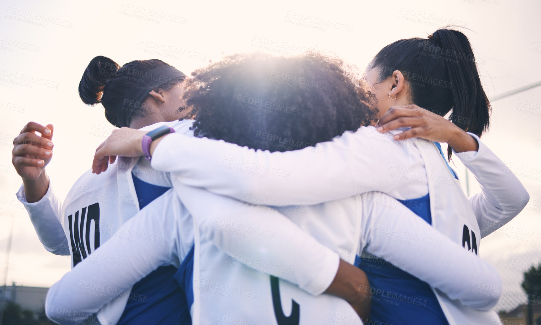 Buy stock photo Netball, sport huddle and women with teamwork and motivation before match. Outdoor, sports court and students ready for exercise, fitness and game strategy conversation in athlete group circle