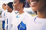 Sports, netball and line of women with smile ready for training, exercise and fitness workout on court. Diversity, teamwork and row of happy girl athletes with motivation for game, match and practice