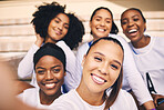 Sports, netball and selfie portrait of women with smile ready for training, exercise and practice workout. Fitness, teamwork and happy girl athletes take pictures for game, match and competition