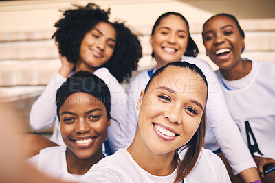 Buy stock photo Sports, netball and selfie portrait of women with smile ready for training, exercise and practice workout. Fitness, teamwork and happy girl athletes take pictures for game, match and competition