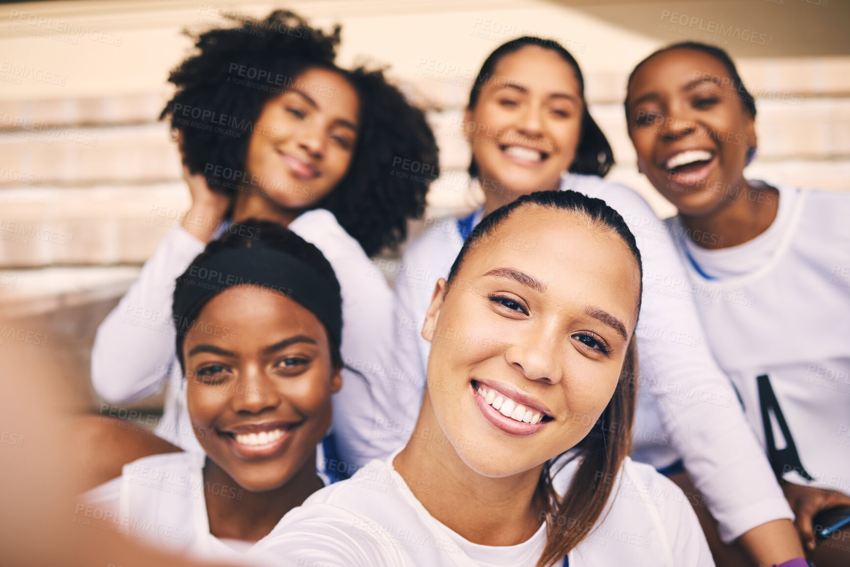Buy stock photo Sports, netball and selfie portrait of women with smile ready for training, exercise and practice workout. Fitness, teamwork and happy girl athletes take pictures for game, match and competition