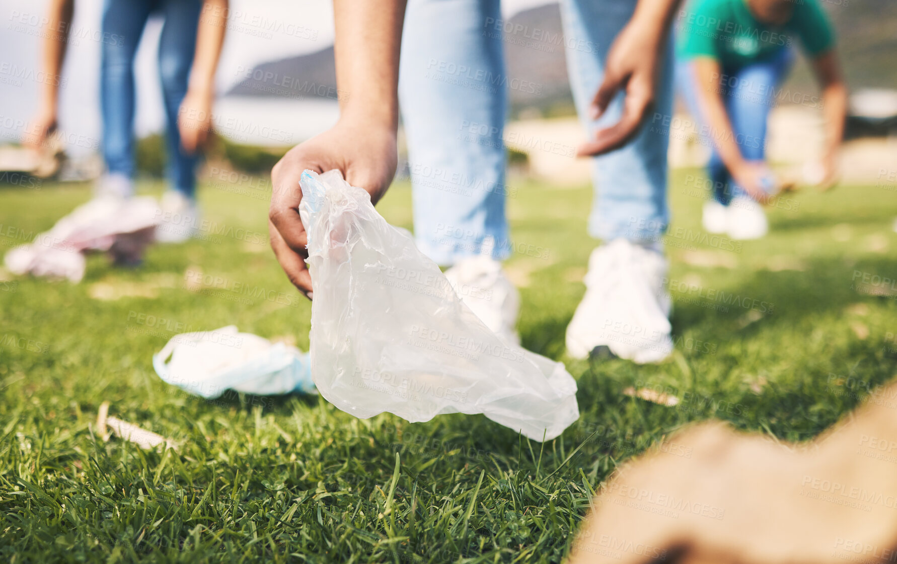 Buy stock photo Plastic bag, recycle and community volunteer project with young people cleaning garbage and trash. Happy, recycling and charity work for sustainability, eco friendly and ecology volunteering service