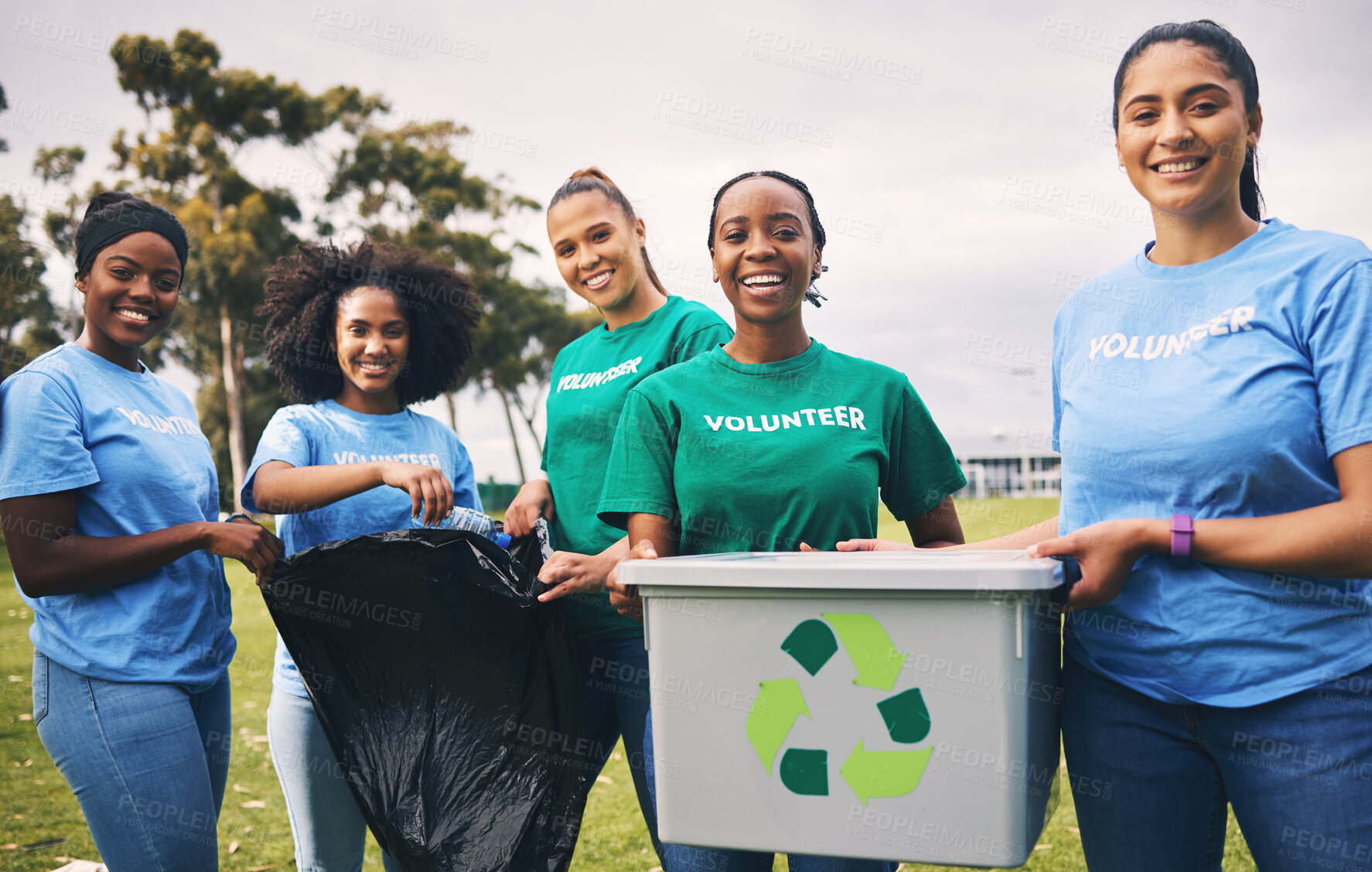 Buy stock photo Young people, recycling and volunteer portrait of group doing outdoor waste and garbage cleaning. Earth day, charity and community clean up project with student teamwork to recycle for sustainability
