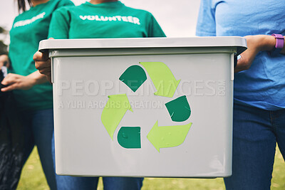 Buy stock photo Recycle bin, earth day volunteer and community park cleaning outdoor for eco friendly and sustainability. Working, recycling and trash collection of young people doing green ecology and charity work