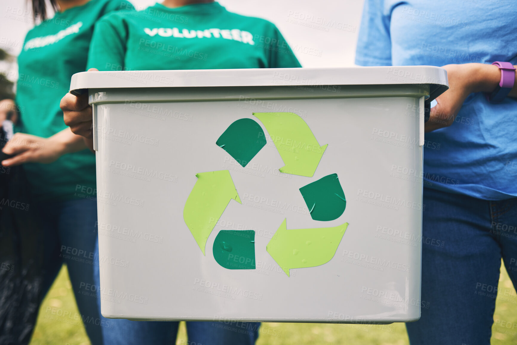 Buy stock photo Recycle bin, earth day volunteer and community park cleaning outdoor for eco friendly and sustainability. Working, recycling and trash collection of young people doing green ecology and charity work