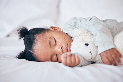 Buy stock photo Black child, baby and sleeping with toy in bedroom, home and nursery for peace, calm nap and dreaming. Tired young girl kid asleep with teddy bear for resting, break and healthy childhood development