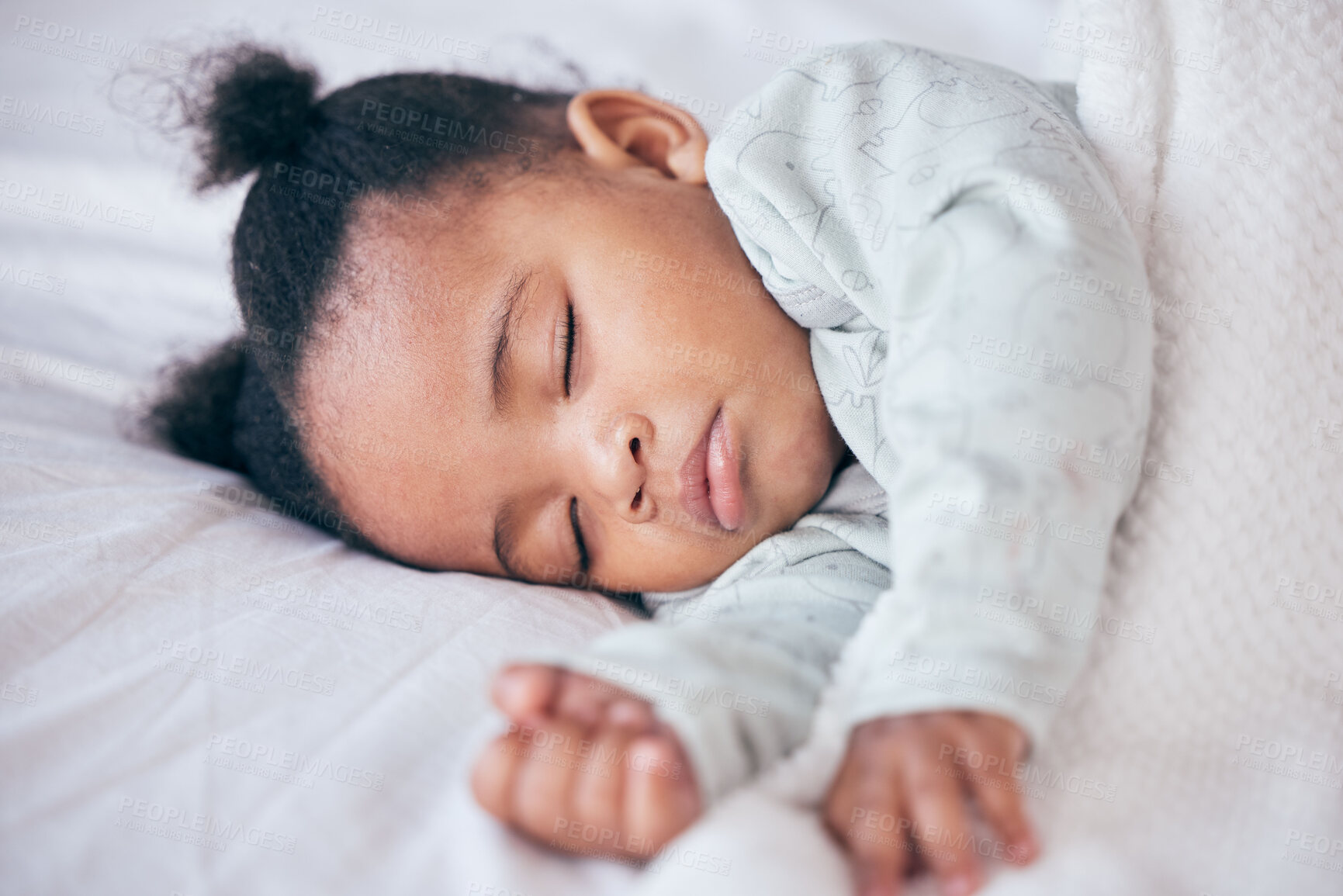 Buy stock photo Black girl, baby and sleeping in bedroom, home and nursery room for peace, calm and dreaming at nap time. Tired young female kid asleep for resting, break and healthy childhood development in house