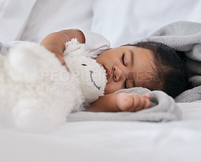 Buy stock photo Sleeping, teddy bear and cute with baby in bedroom for relax, comfortable and dreaming. Innocence, young and rest with tired child at home for and napping with toy for bedtime, youth and sweet