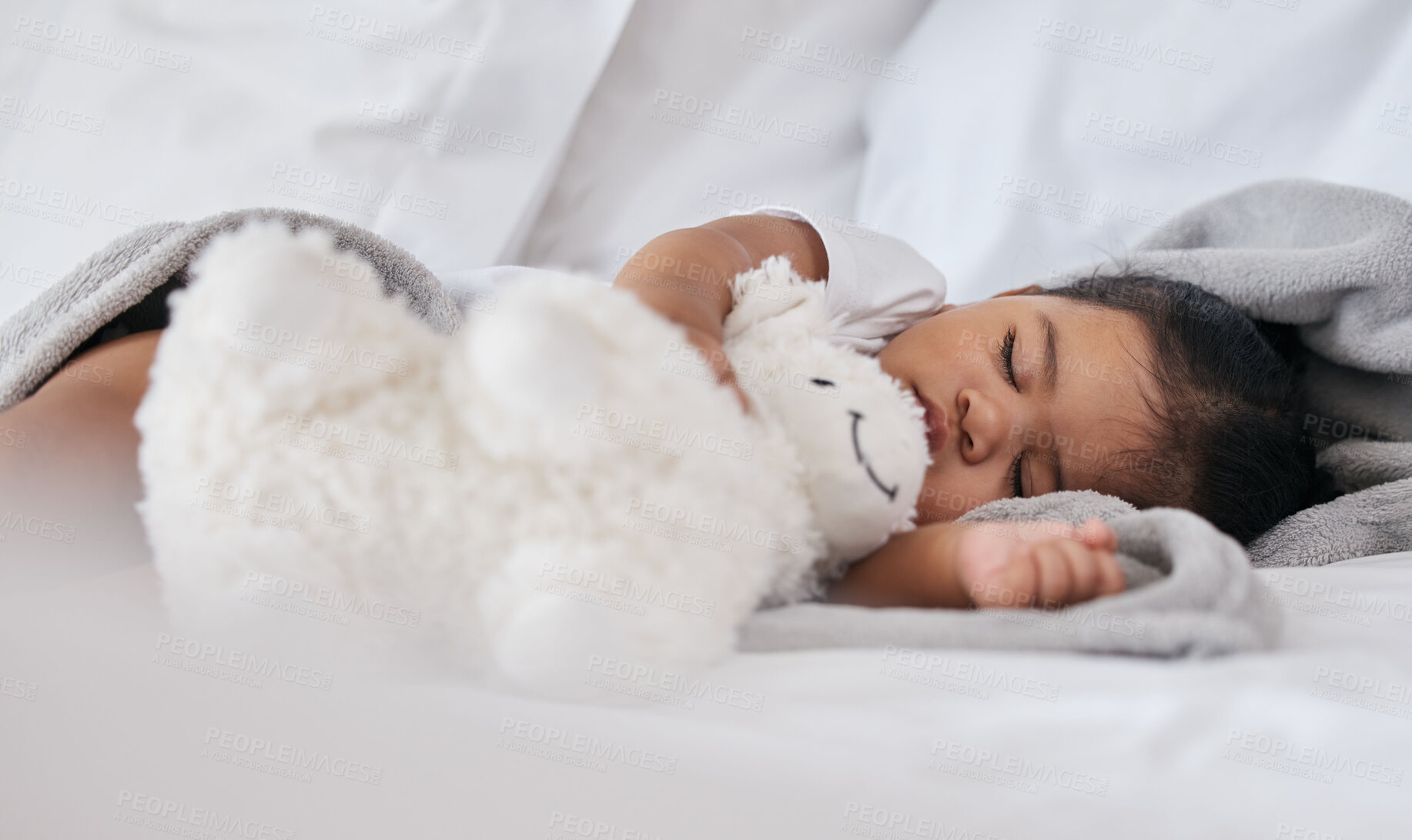 Buy stock photo Sleeping, teddy bear and relax with baby in bedroom for cute, comfortable and dreaming. Innocence, young and rest with tired child at home for and napping with toy for bedtime, youth and sweet