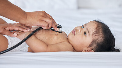 Buy stock photo Healthcare, stethoscope and baby with a doctor for a checkup, medical attention and consulting. Hospital, patient and child with a pediatrician for an exam, test and heartbeat examination at a clinic