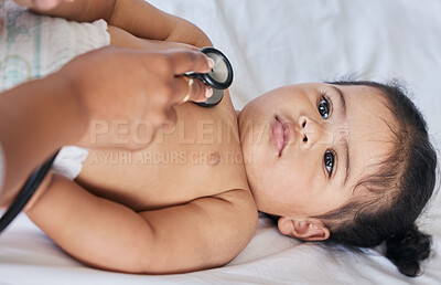 Buy stock photo Healthcare, heartbeat and baby with a doctor for a checkup, medical attention and consulting. Hospital, patient and above of a child with a pediatrician for an exam, test and examination at a clinic